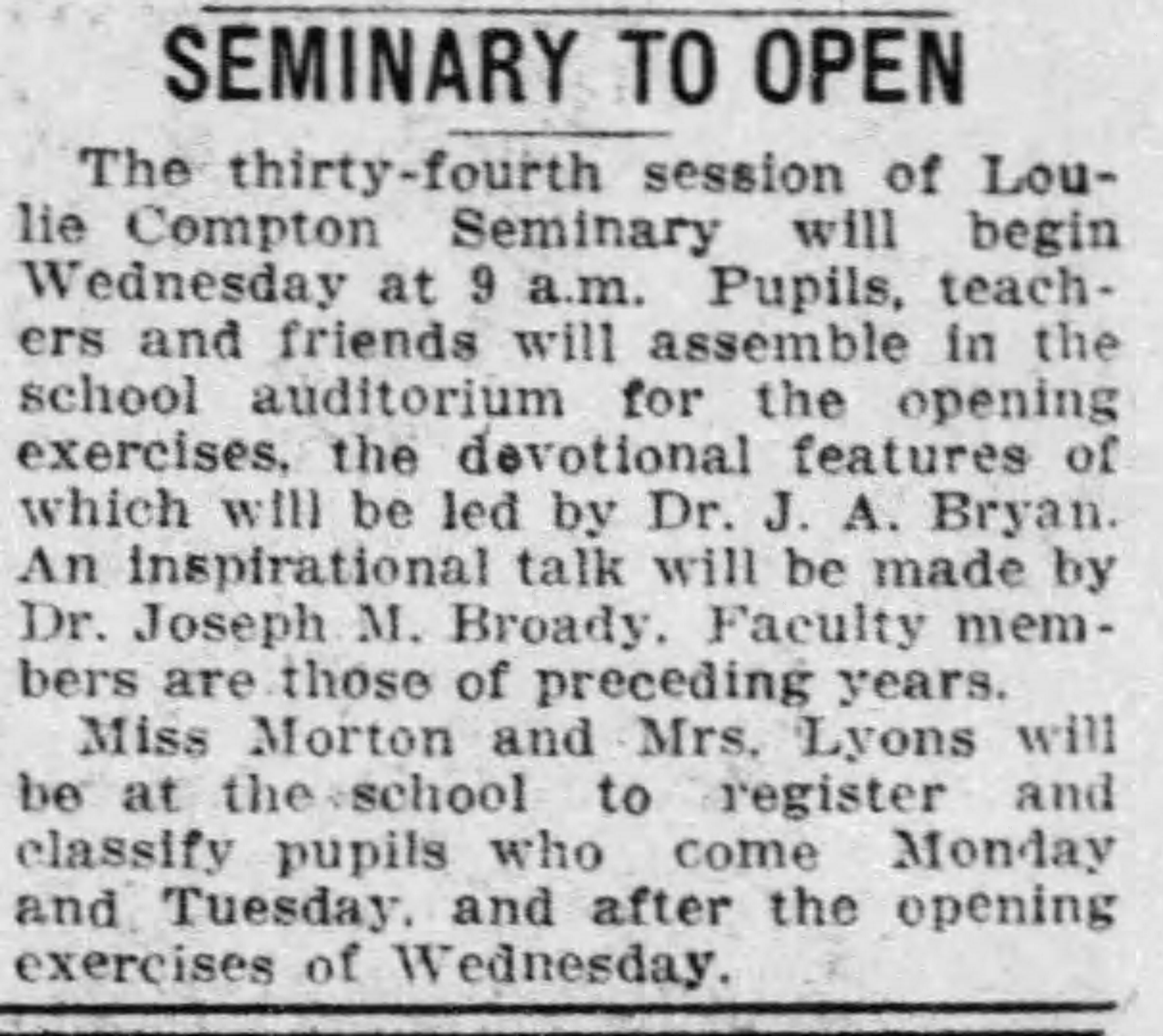Seminary To Open